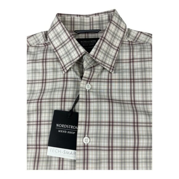 Nordstrom Trim Fit Button Down Dress Shirt Beige and Red Plaid Size S - Picture 8 of 9